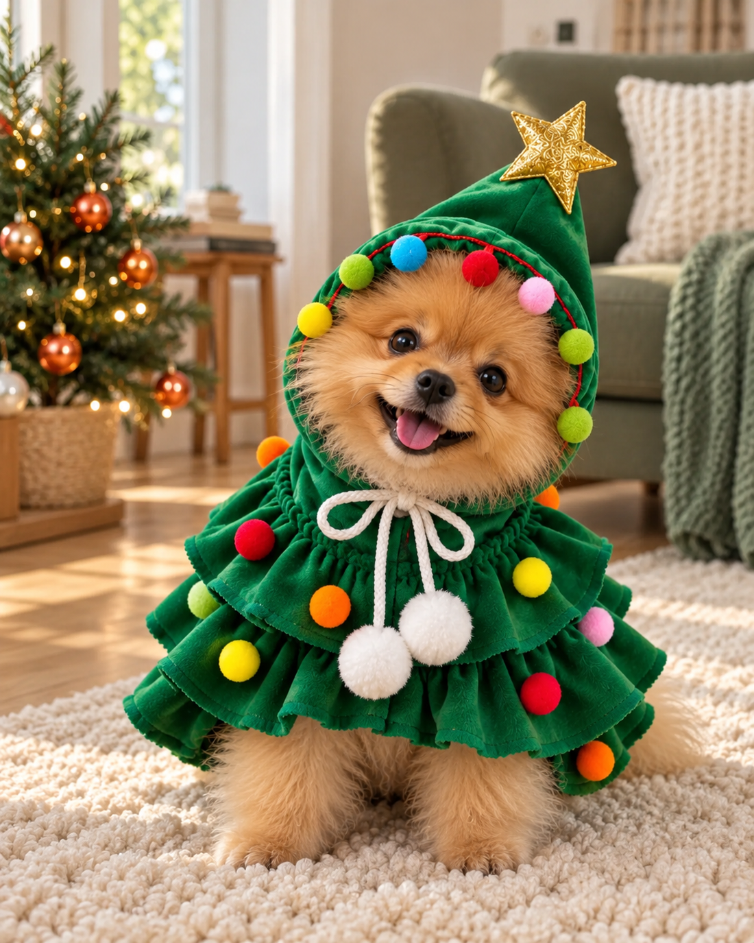 Pomeranian in the green Christmas tree cape in a cozy living room